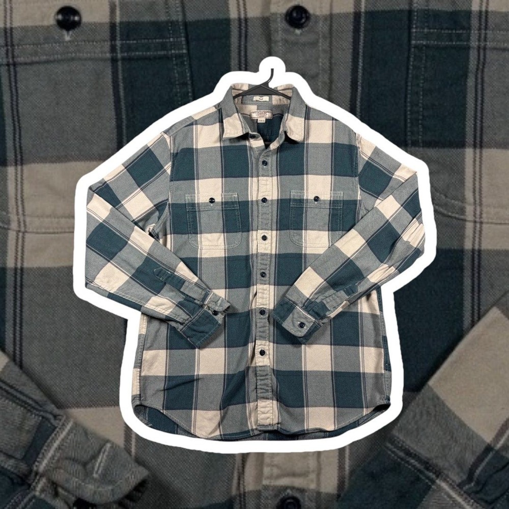 Wallace & Barnes Men L Slim Plaid Flannel Button Up Workwear Shirt J6090 Teal LS